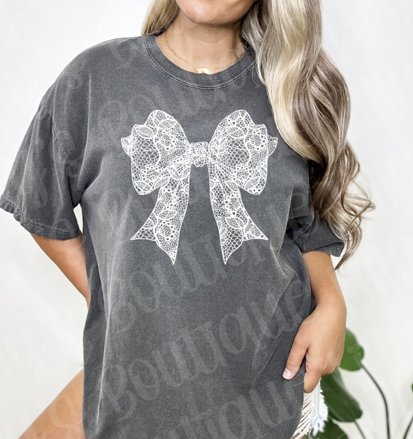 Coquette White lace bow (pepper comfort colors)