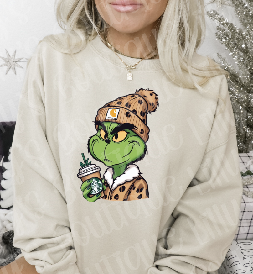 Grinch with coffee and beanie